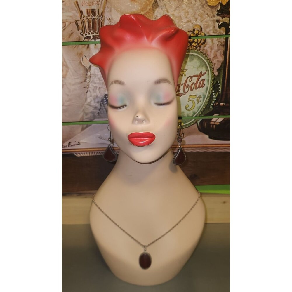 Vintage Oval Shape Carnelian in Bezel Necklace & Matching Drop Earrings Set